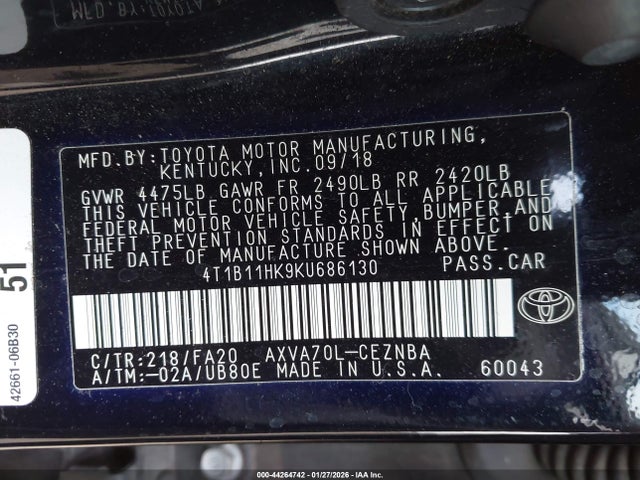 4T1B11HK9KU686130 Toyota CAMRY LE