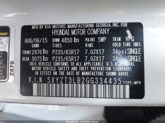 5XYZT3LB2GG334435 Hyundai Santa Fe Sport 2.4l