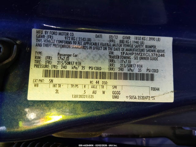 2012 Ford Focus Sel მანქანა იყიდება აუქციონზე, vin: 1FAHP3M2XCL378248, აუქციონის ნომერი: 44264906