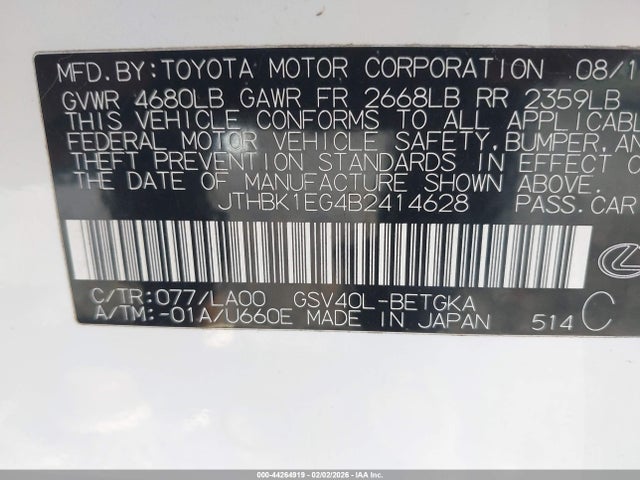 44264919 :رقم المزاد ، JTHBK1EG4B2414628 vin ، 2011 Lexus Es 350 مزاد بيع
