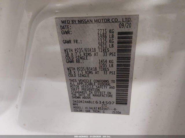 5N1DR2AN8LC634507 Nissan Pathfinder S 2wd