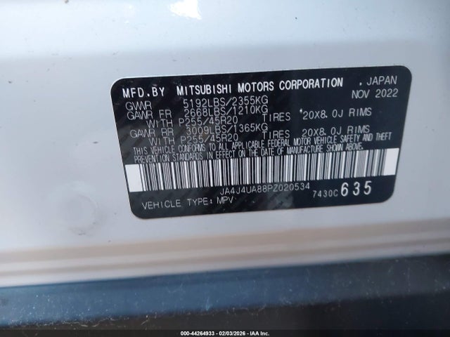 44264933 :رقم المزاد ، JA4J4UA88PZ020534 vin ، 2023 Mitsubishi Outlander Ralliart S-awc/se 2.5 S-awc/se Black Edition S-awc/se Special Editiont S-awc مزاد بيع