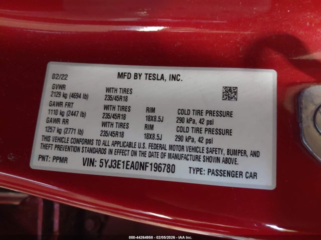 2022 Tesla Model 3 Rear-wheel Drive მანქანა იყიდება აუქციონზე, vin: 5YJ3E1EA0NF196780, აუქციონის ნომერი: 44264958