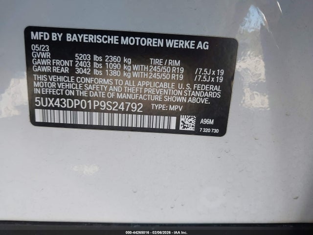 2023 Bmw X3 Sdrive30i მანქანა იყიდება აუქციონზე, vin: 5UX43DP01P9S24792, აუქციონის ნომერი: 44265016