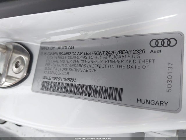2017 Audi S3 2.0t Premium Plus მანქანა იყიდება აუქციონზე, vin: WAUB1GFF6H1048292, აუქციონის ნომერი: 44265028