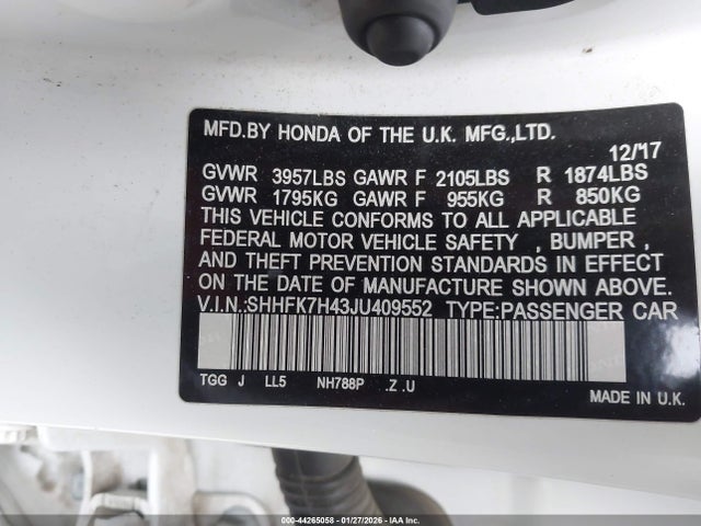 SHHFK7H43JU409552 Honda Civic Sport