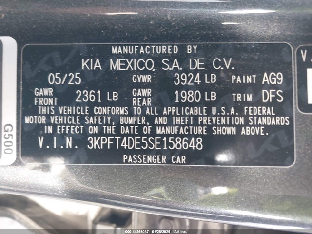 Продаж на аукціоні авто 2025 Kia K4 Lxs, vin: 3KPFT4DE5SE158648, номер лоту: 44265087
