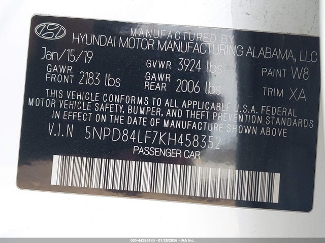 5NPD84LF7KH458352 Hyundai ELANTRA SEL