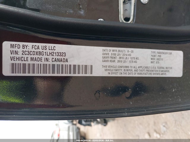 44265226 :رقم المزاد ، 2C3CDXBG1LH213323 vin ، 2020 Dodge Charger Sxt Rwd مزاد بيع
