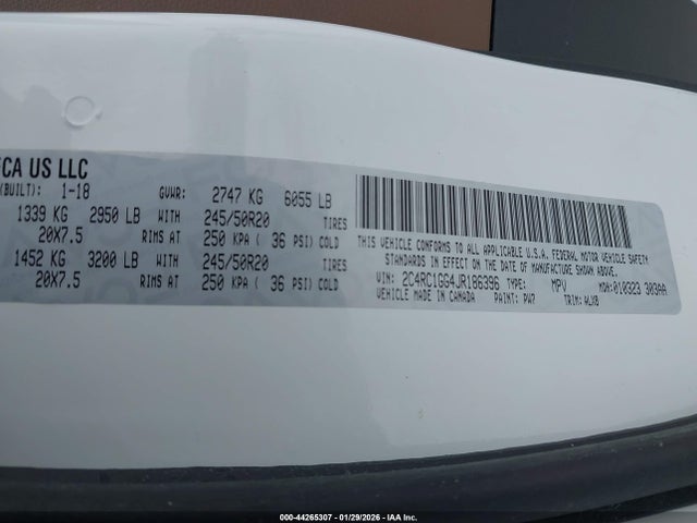 Aukcja sprzedaży 2018 Chrysler Pacifica Limited, vin: 2C4RC1GG4JR186396, numer aukcji: 44265307