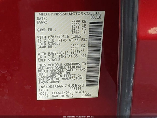 1N6AD0ER6GN748861 Nissan Frontier Sv