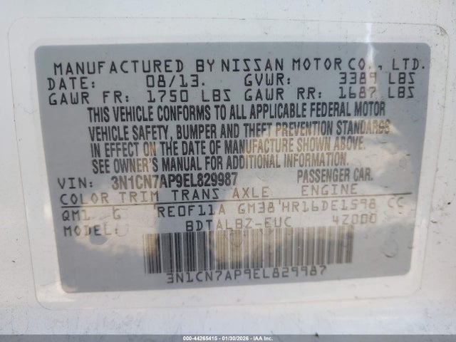 3N1CN7AP9EL829987 Nissan Versa 1.6 Sv