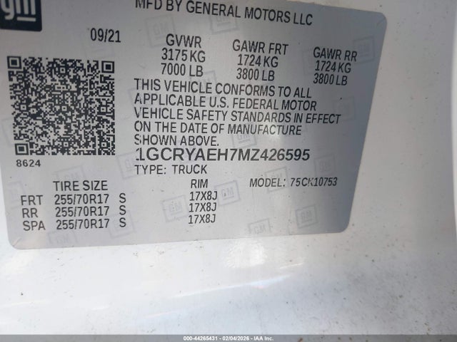 1GCRYAEH7MZ426595 Chevrolet Silverado 1500 4wd Standard Bed Wt