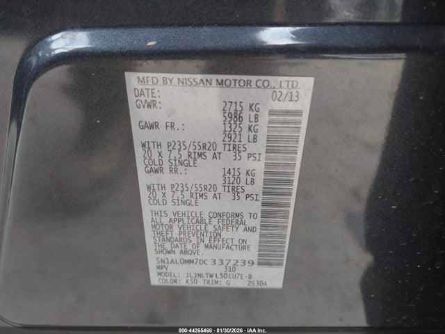 44265468 :رقم المزاد ، 5N1AL0MM7DC337239 vin ، 2013 Infiniti Jx35 مزاد بيع