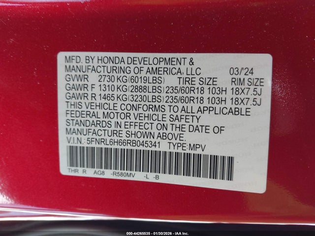 2024 HONDA ODYSSEY 5FNRL6H66RB045341 Photo 8