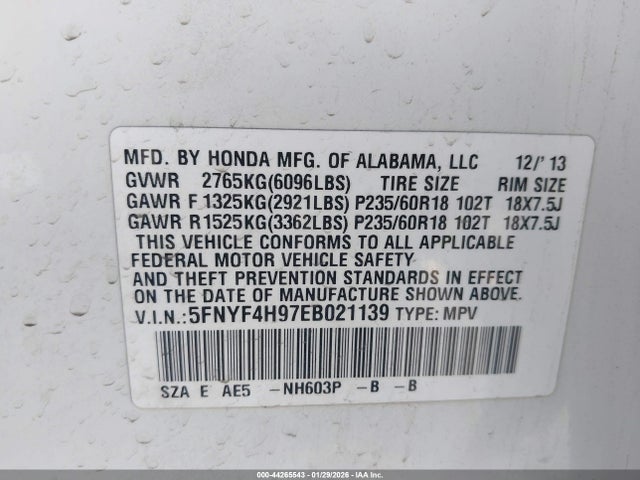 Honda Pilot Touring 2014 5FNYF4H97EB021139 Image 9