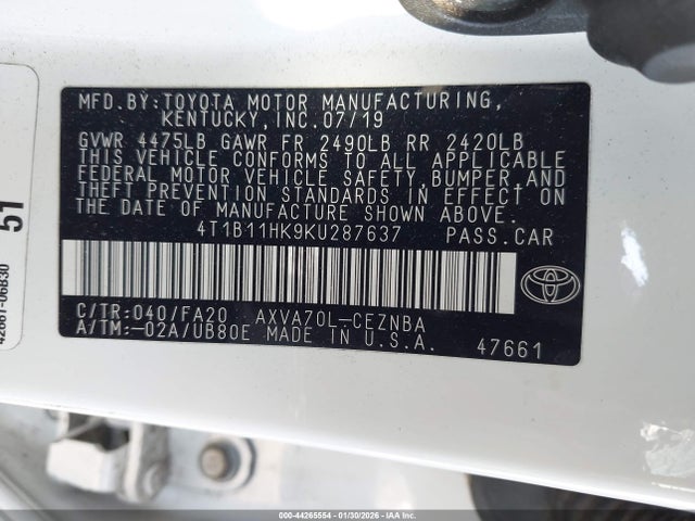 4T1B11HK9KU287637 Toyota CAMRY LE