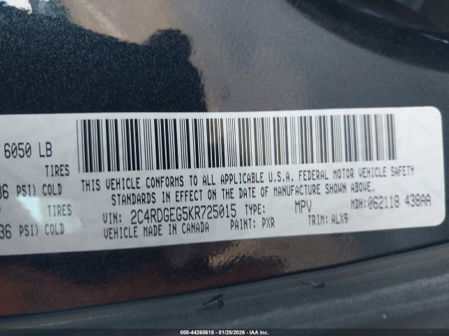 Продажа на аукционе авто 2019 Dodge Grand Caravan Gt, vin: 2C4RDGEG5KR725015, номер лота: 44265618