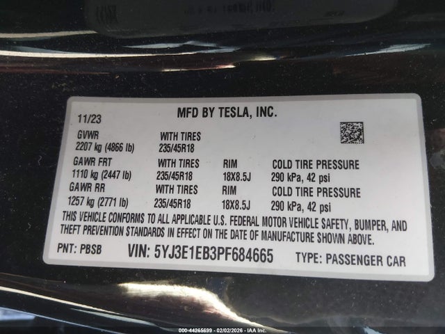 2023 Tesla Model 3 Long Range Dual Motor All-wheel Drive მანქანა იყიდება აუქციონზე, vin: 5YJ3E1EB3PF684665, აუქციონის ნომერი: 44265699