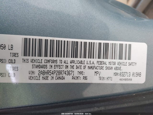 2008 Chrysler Town & Country Touring მანქანა იყიდება აუქციონზე, vin: 2A8HR54P28R743671, აუქციონის ნომერი: 44265704