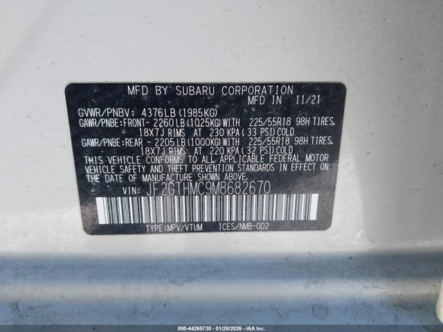 Aukcja sprzedaży 2021 Subaru Crosstrek Limited, vin: JF2GTHMC9M8682670, numer aukcji: 44265730