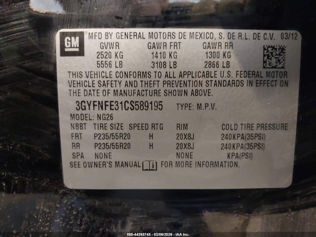 44265745 :رقم المزاد ، 3GYFNFE31CS589195 vin ، 2012 Cadillac Srx Premium Collection مزاد بيع
