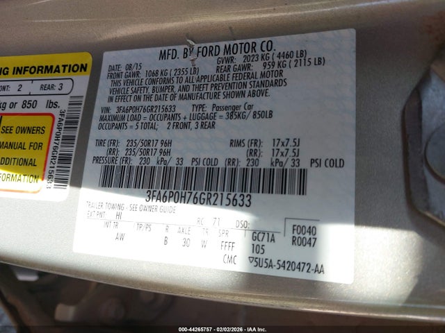 Продажа на аукционе авто 2016 Ford Fusion Se, vin: 3FA6P0H76GR215633, номер лота: 44265757
