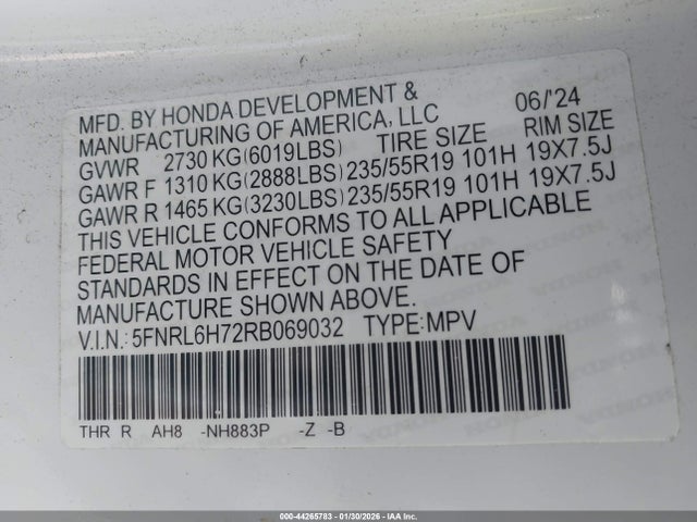 5FNRL6H72RB069032 Honda Odyssey Sport
