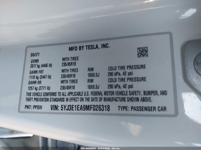2021 TESLA MODEL 3 5YJ3E1EA9MF026318 Photo 8