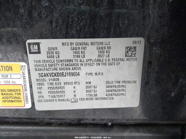 44265873 :رقم المزاد ، 5GAKVCKD0EJ189604 vin ، 2014 Buick Enclave Premium مزاد بيع
