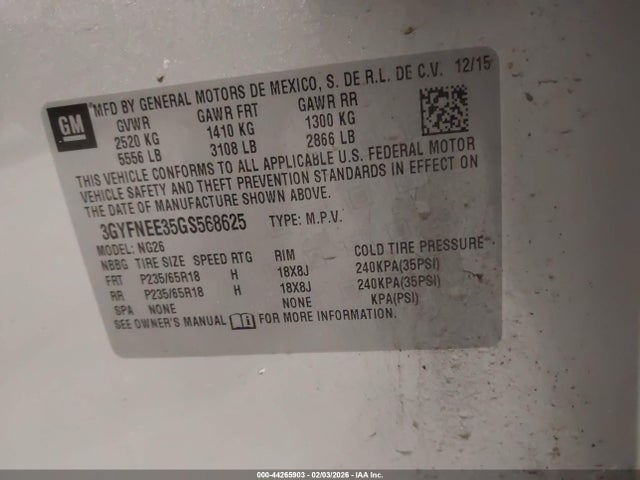44265903 :رقم المزاد ، 3GYFNEE35GS568625 vin ، 2016 Cadillac Srx Luxury Collection مزاد بيع