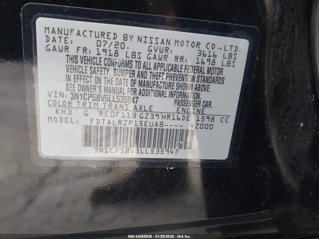 Aukcja sprzedaży 2020 Nissan Kicks S Xtronic Cvt, vin: 3N1CP5BV5LL535947, numer aukcji: 44265936