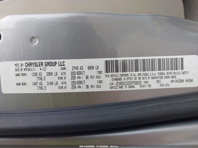 2013 Dodge Grand Caravan Sxt მანქანა იყიდება აუქციონზე, vin: 2C4RDGCG5DR758263, აუქციონის ნომერი: 44265959