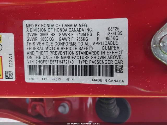 Honda CIVIC SI SEDAN 2026 2HGFE1E57TH472140 Image 9