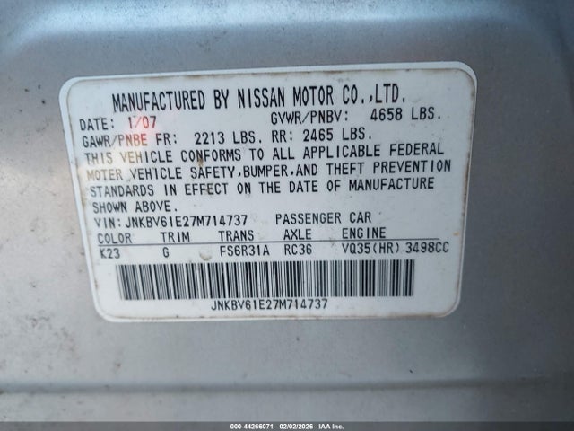 Aukcja sprzedaży 2007 Infiniti G35 Sport W/6-speed Manual, vin: JNKBV61E27M714737, numer aukcji: 44266071