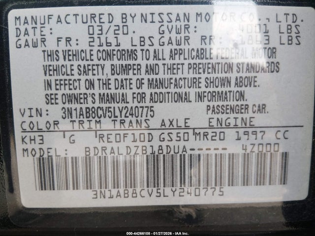 3N1AB8CV5LY240775 Nissan Sentra Sv Xtronic Cvt