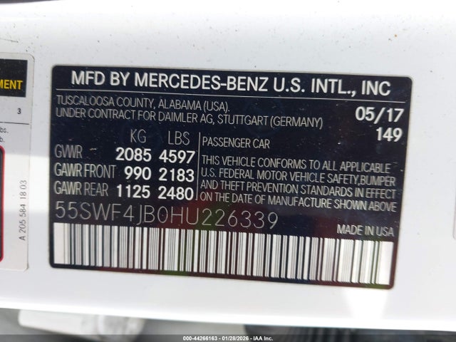 Aukcja sprzedaży 2017 Mercedes-benz C 300 Luxury/sport, vin: 55SWF4JB0HU226339, numer aukcji: 44266163