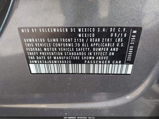 Продаж на аукціоні авто 2016 Volkswagen Jetta 1.4t S, vin: 3VW267AJ8GM388820, номер лоту: 44266245