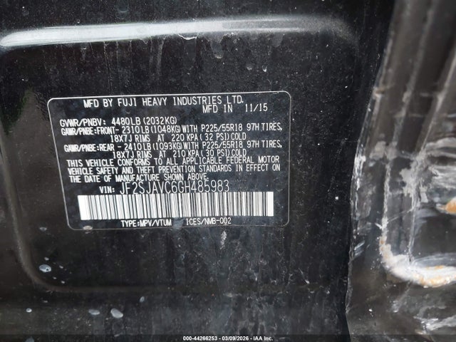 2016 Subaru Forester 2.5i Touring მანქანა იყიდება აუქციონზე, vin: JF2SJAVC6GH485983, აუქციონის ნომერი: 44266253