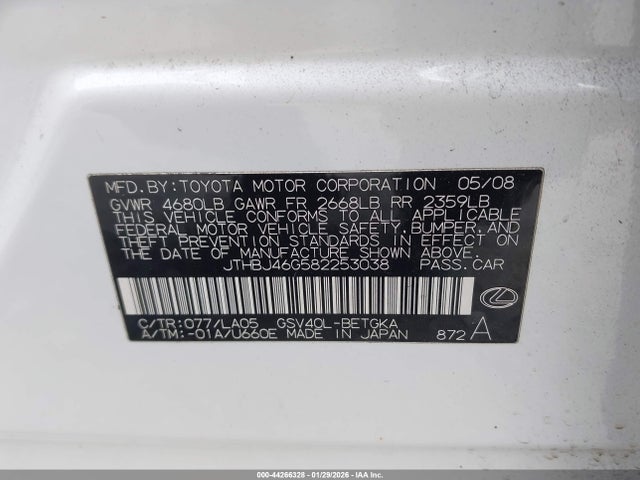 Продаж на аукціоні авто 2008 Lexus Es 350, vin: JTHBJ46G582253038, номер лоту: 44266328