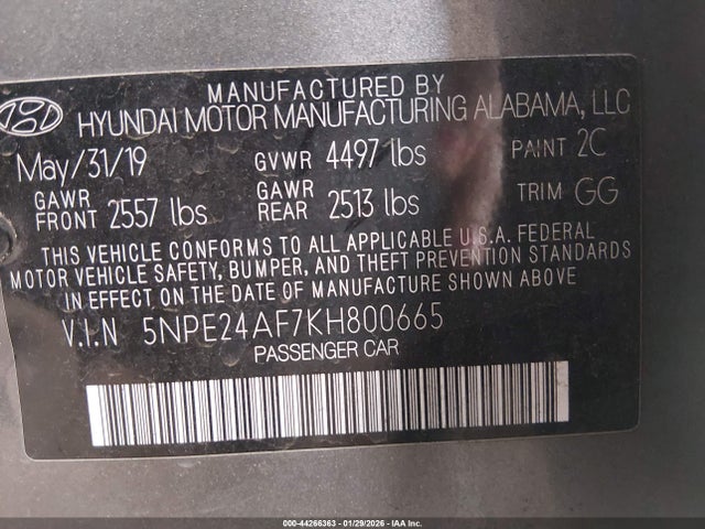 5NPE24AF7KH800665 Hyundai SONATA SE