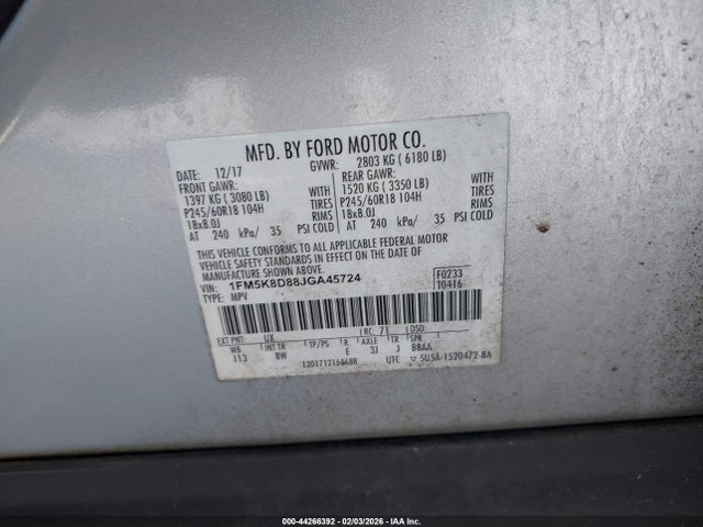 1FM5K8D88JGA45724 Ford EXPLORER XLT