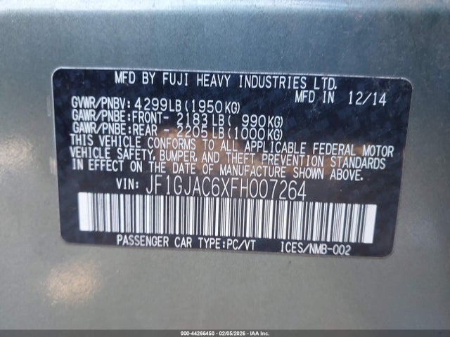 2015 Subaru Impreza 2.0i Premium მანქანა იყიდება აუქციონზე, vin: JF1GJAC6XFH007264, აუქციონის ნომერი: 44266450