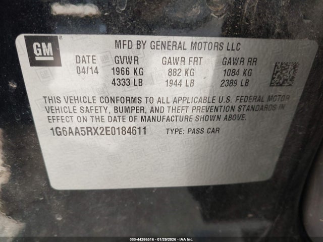 44266516 :رقم المزاد ، 1G6AA5RX2E0184611 vin ، 2014 Cadillac Ats Standard مزاد بيع