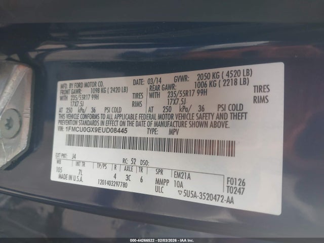 Продаж на аукціоні авто 2014 Ford Escape Se, vin: 1FMCU0GX9EUD08445, номер лоту: 44266522