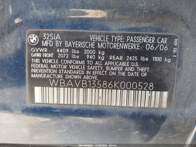 Aukcja sprzedaży 2006 Bmw 325i, vin: WBAVB13586K000528, numer aukcji: 44266527