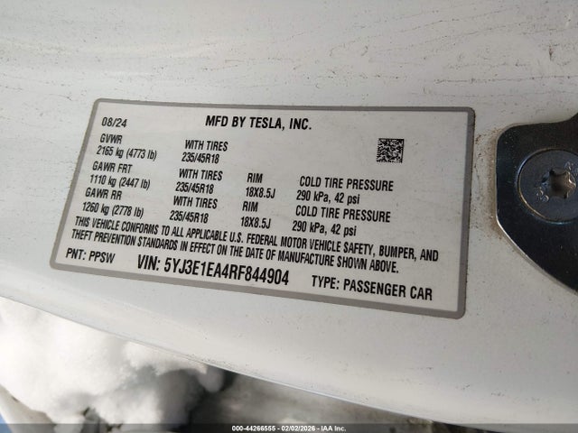 Aukcja sprzedaży 2024 Tesla Model 3 Long Range Dual Motor All-wheel Drive/rear-wheel Drive, vin: 5YJ3E1EA4RF844904, numer aukcji: 44266555