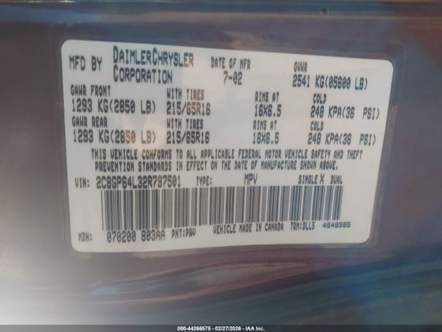 Продажа на аукционе авто 2002 Chrysler Town & Country Limited, vin: 2C8GP64L32R797501, номер лота: 44266575