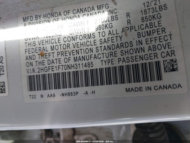 2HGFE1F70NH311485 Honda CIVIC EX