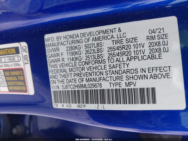 2021 Acura Rdx A-spec Package მანქანა იყიდება აუქციონზე, vin: 5J8TC2H68ML029678, აუქციონის ნომერი: 44266655